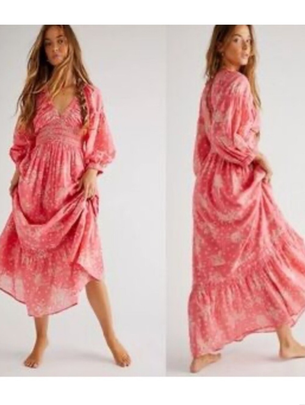 Free People Coral Smocked-Waist V-Neck Tiered Maxi Dress